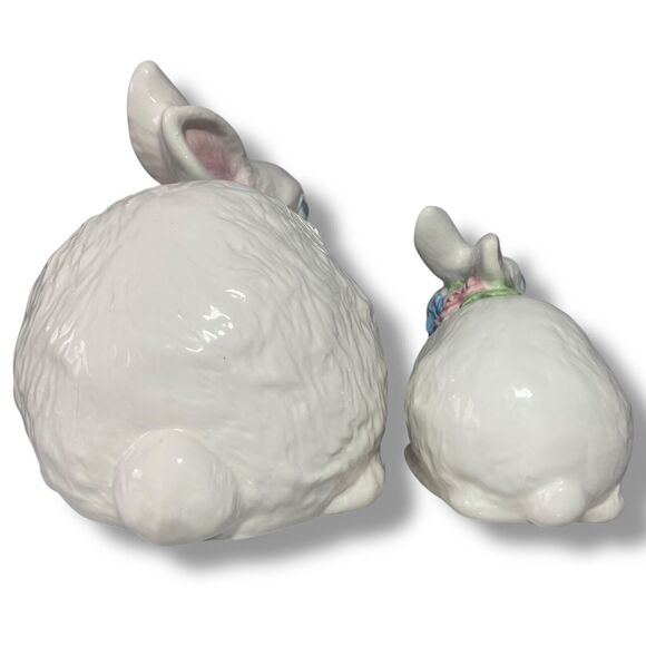 Easter Spring Decor 2 Bunny Rabbit Glazed White Ceramic Floral Necklaces Vintage - Picture 5 of 8